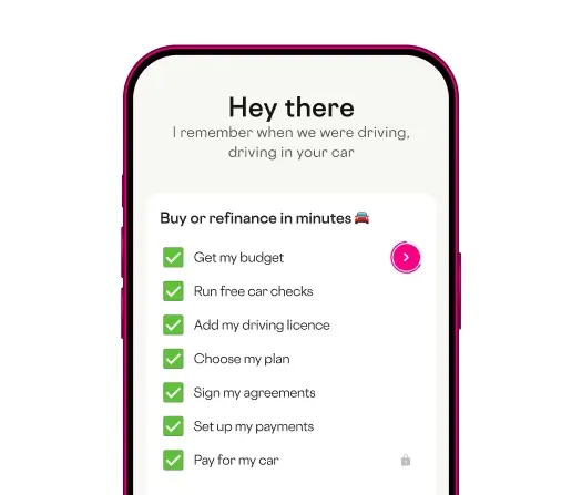 Carmoola app checklist showing the steps to buy or refinance a car