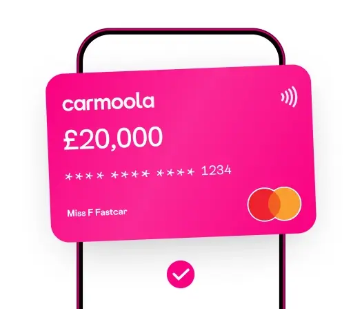 Carmoola virtual card showing a £20,000 balance with a green tick