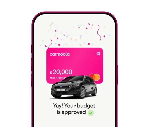 Carmoola app screen showing an approved budget of £20,000 with the chosen car