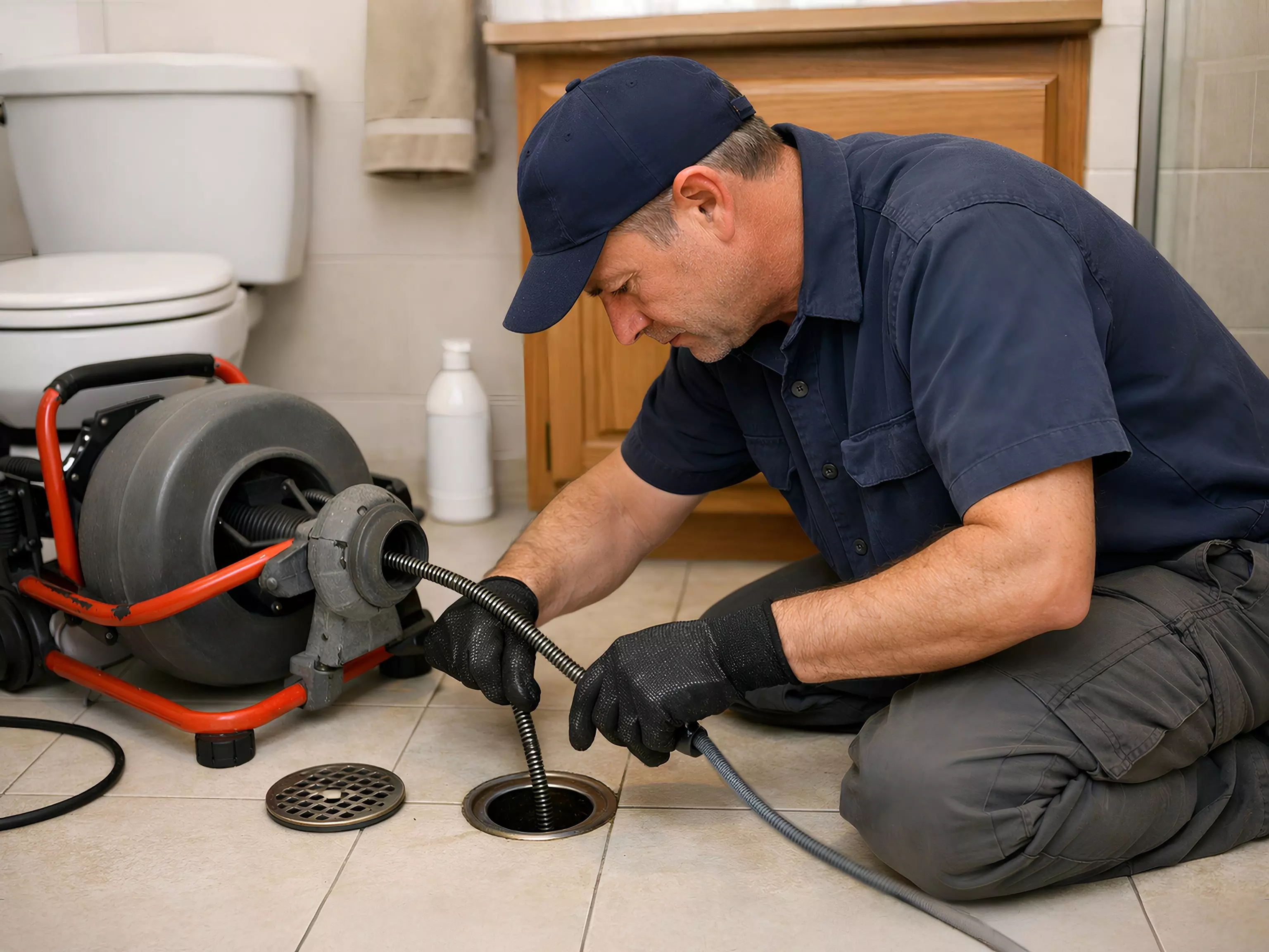 Technician working on a drain